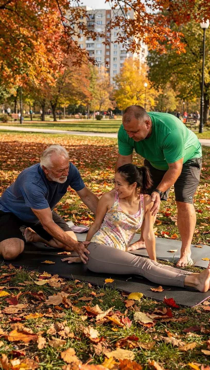Instruktor jogi demonstrujący bezpieczne ruchy terapeutyczne dla osób w trakcie rehabilitacji.