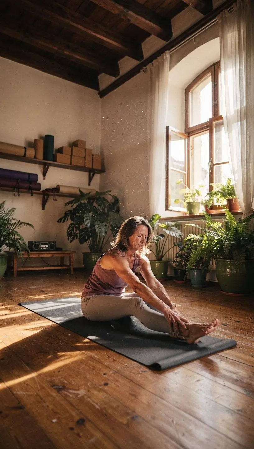 Ćwicząca osoba wykonująca delikatne asany jogi na macie w spokojnym otoczeniu.