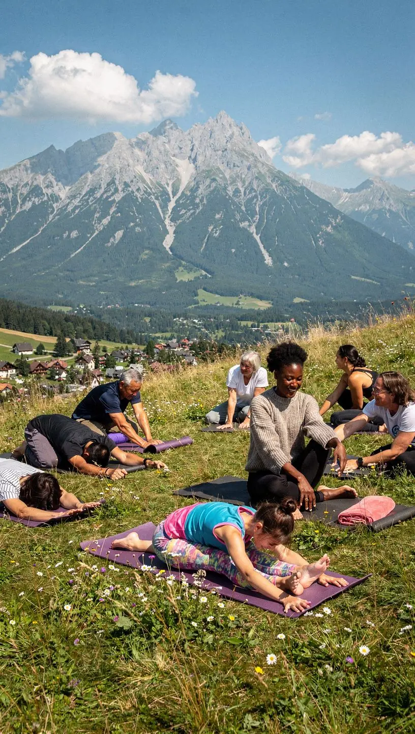 Grupa uczestników zajęć jogi w pięknym, naturalnym otoczeniu, skupionych na technikach oddechowych.