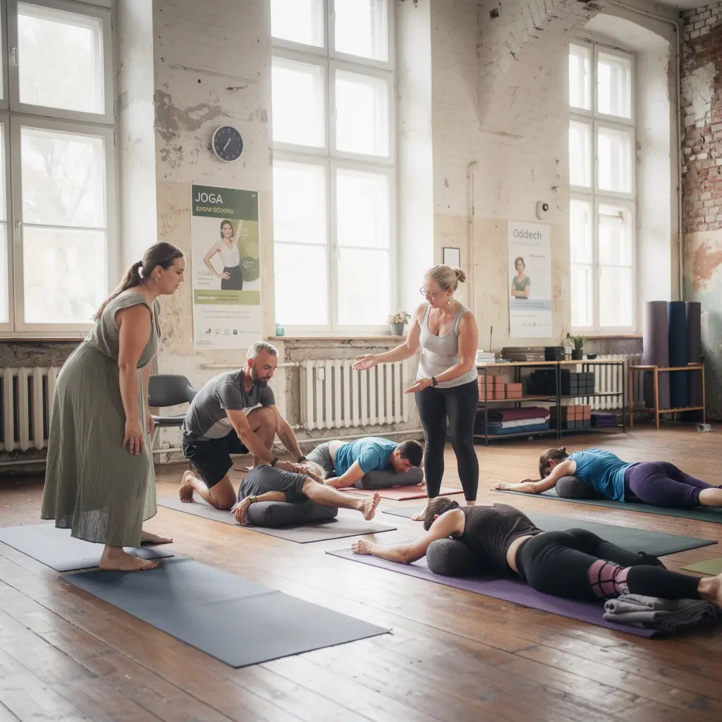 Instruktor jogi demonstrujący delikatne ruchy, które wspierają zdrowienie po kontuzji.