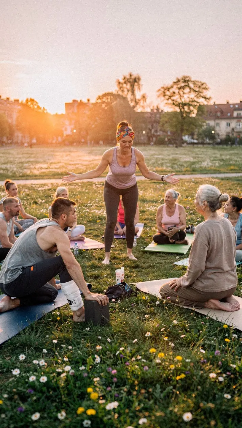 Uczestnik zajęć jogi korzystający z poduszek i koców, aby zapewnić sobie komfort podczas ćwiczeń terapeutycznych.
