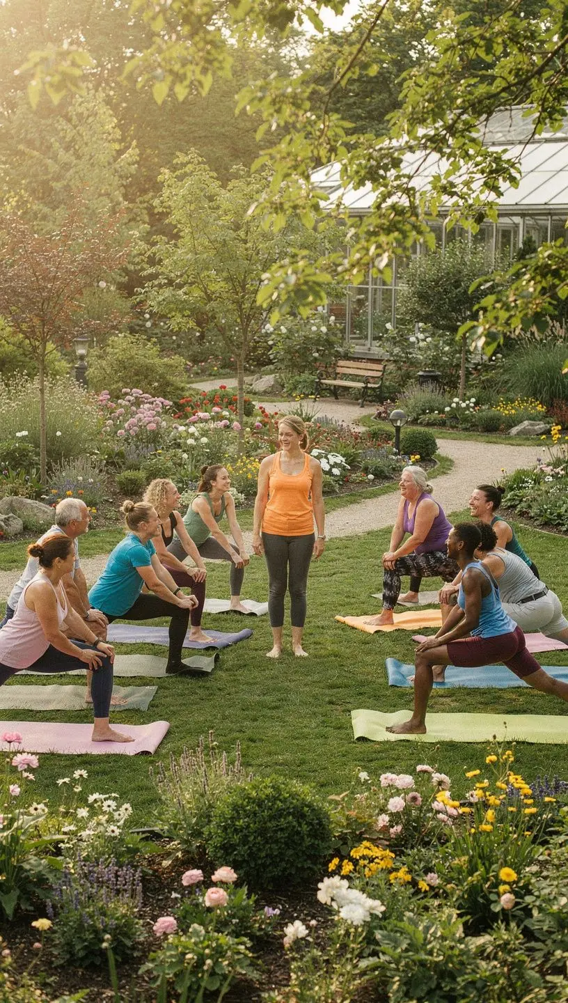 Grupa uczestników zajęć jogi w pięknym, naturalnym otoczeniu, skupionych na technikach oddechowych.