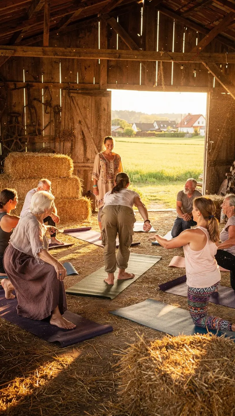 Grupa uczestników zajęć jogi w pięknym, naturalnym otoczeniu, skupionych na technikach oddechowych.