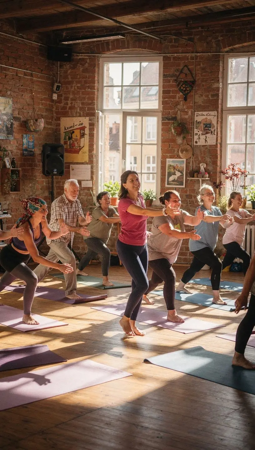 Grupa uczestników zajęć jogi w pięknym, naturalnym otoczeniu, skupionych na technikach oddechowych.