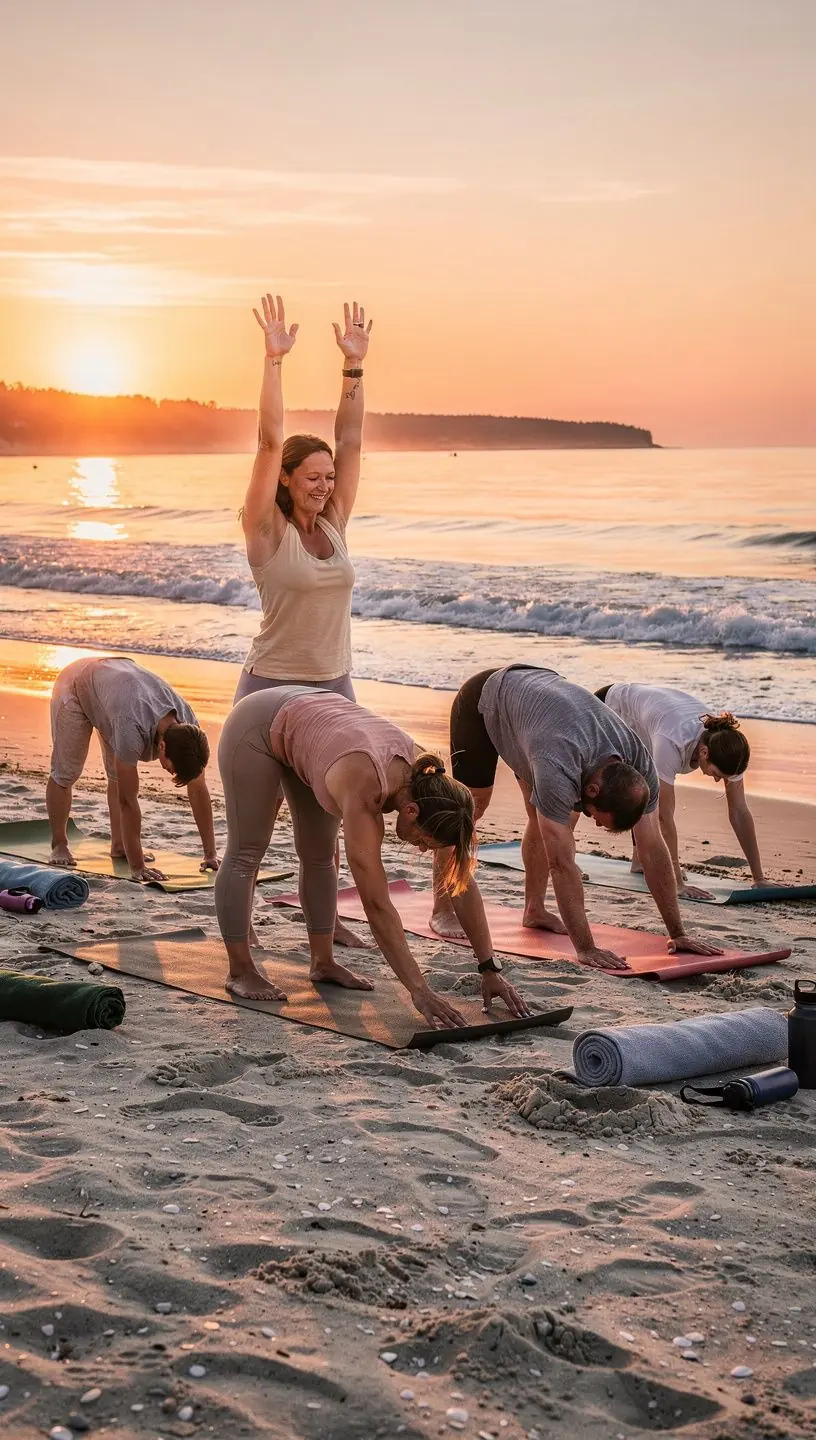 Grupa uczestników zajęć jogi w pięknym, naturalnym otoczeniu, skupionych na technikach oddechowych.