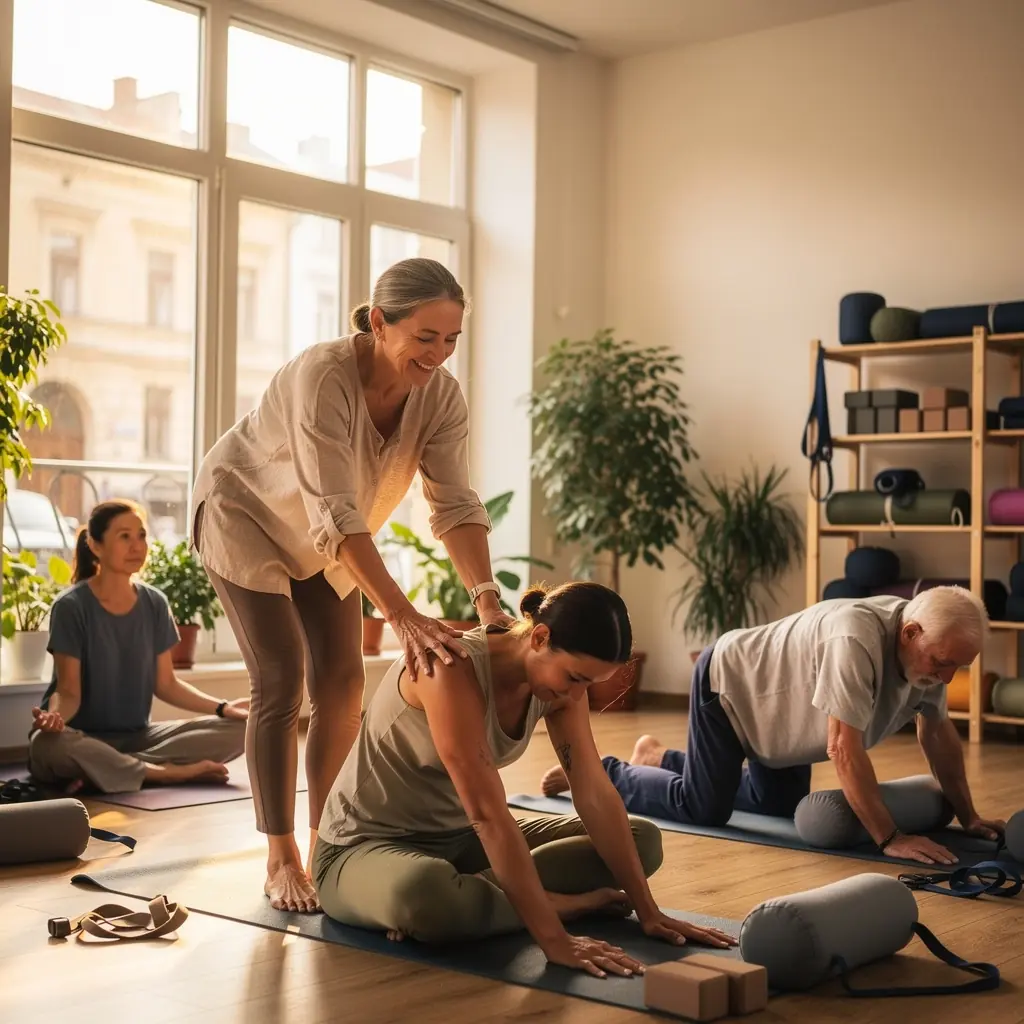 Zdjęcie osoby wykonującej łagodne asany jogi na macie, z uśmiechem, co symbolizuje proces rehabilitacji.
