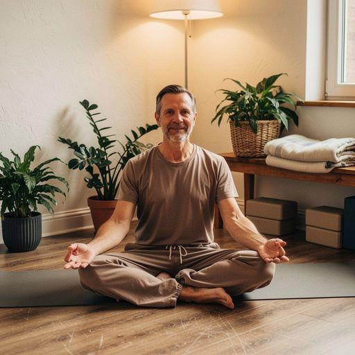 Spokojna sala do jogi z naturalnym światłem, stworzona dla osób w procesie zdrowienia.